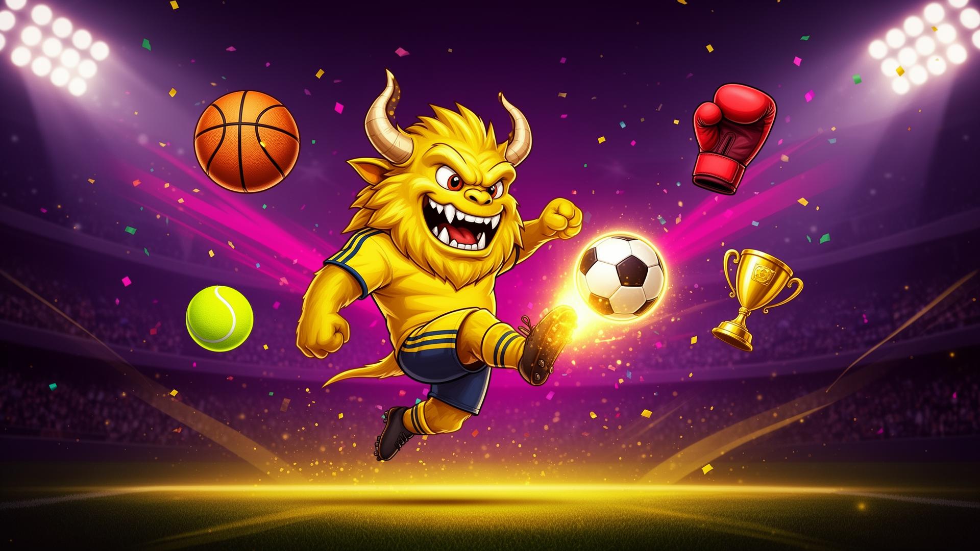 Slot Monster Sports mascot kicking a soccer ball in a stadium